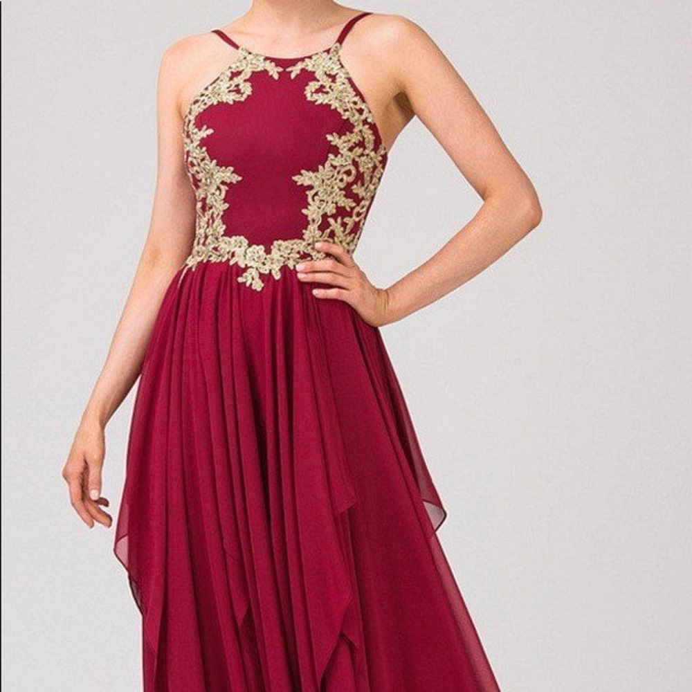 Burgundy with Gold Details Halter Formal Dress